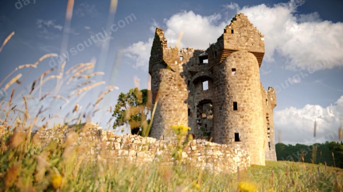 The twin turreted towers of Monea Castle above a wildflower meadow
