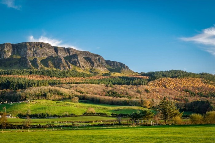The basalt cliffs of Binevenagh rising above green farmland and forest