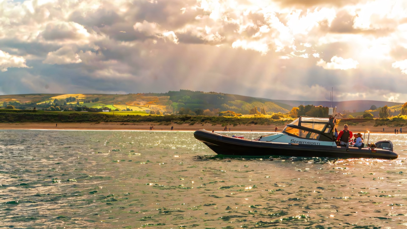 The blue-hulled RIB moored off a wide sandy shore, low green hills rolling behind