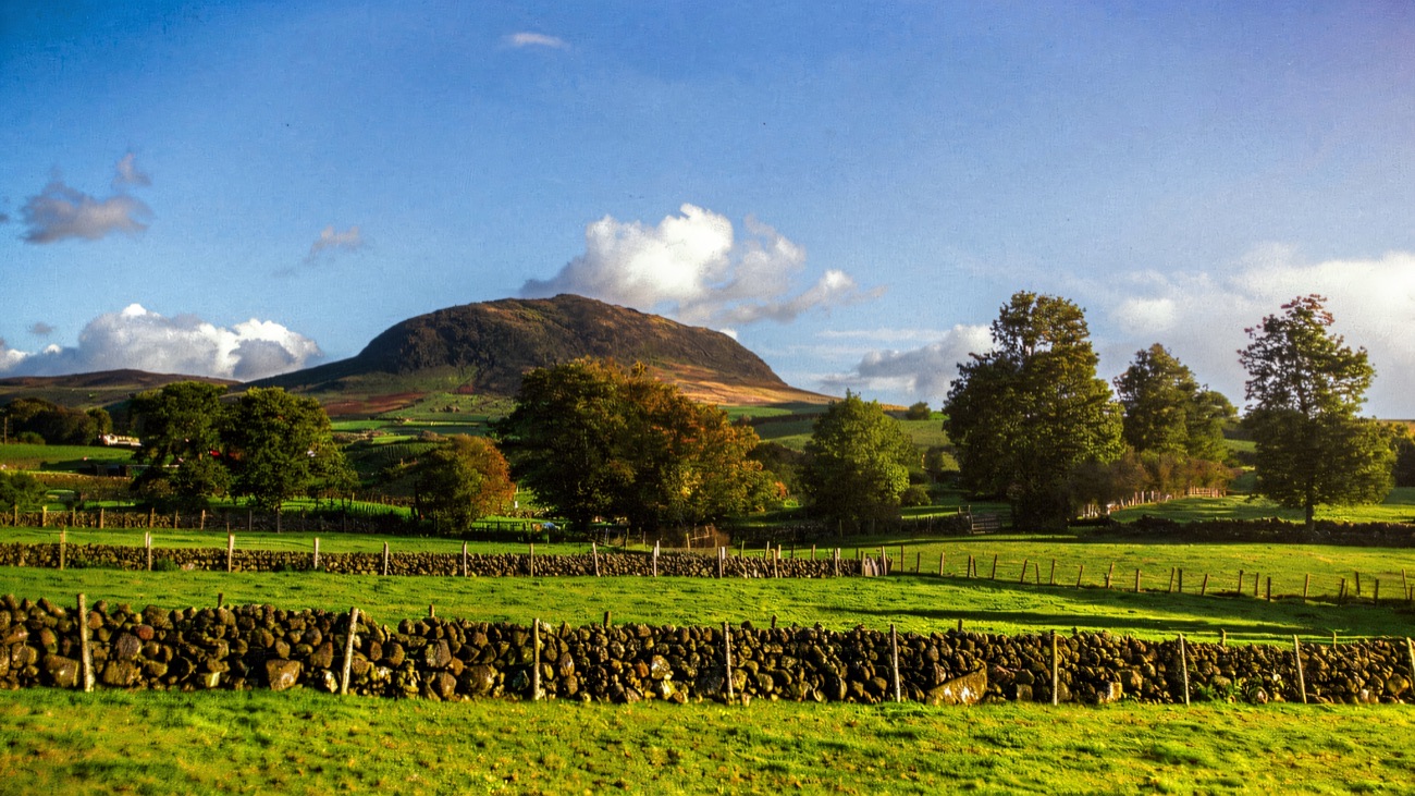 The green dome of Slemish rising over stone-walled Antrim fields under a blue sky