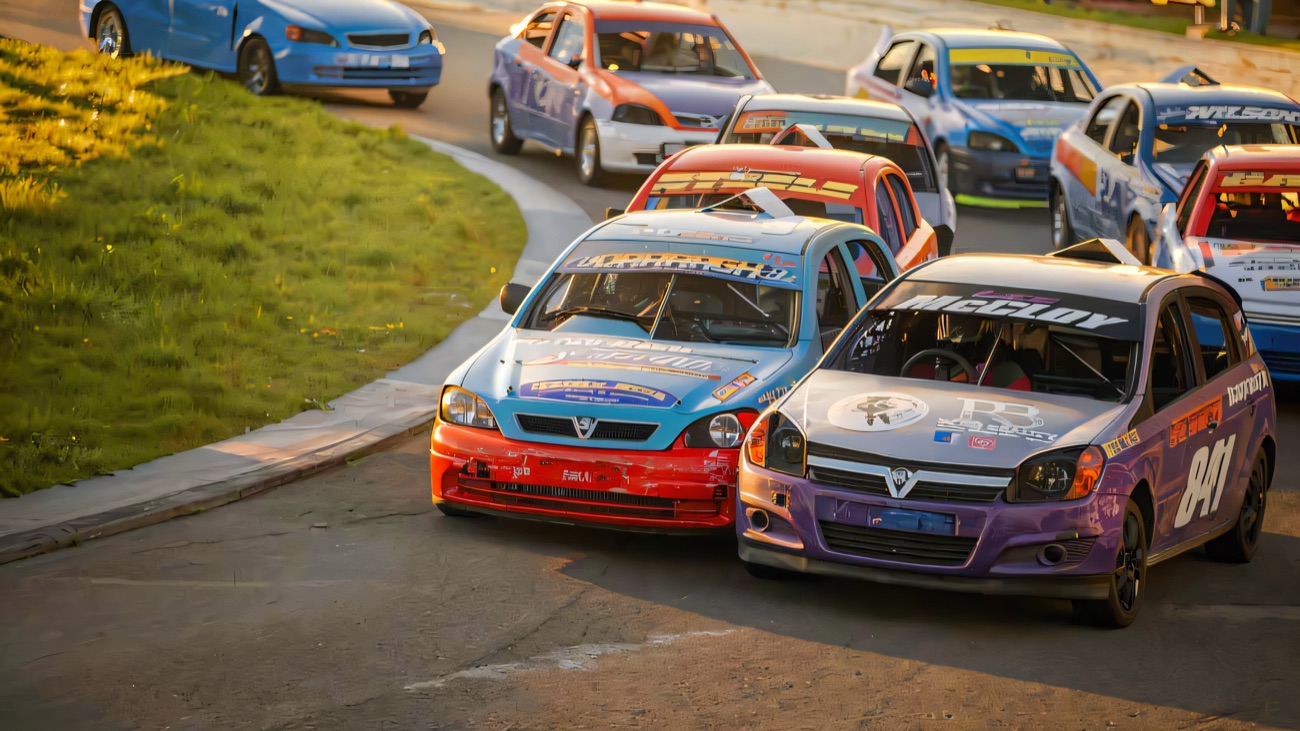 Bumper-to-bumper banger action on the tarmac oval