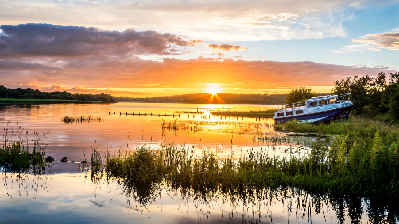 A boat moored on the still water of Lough Erne as the sun goes down.