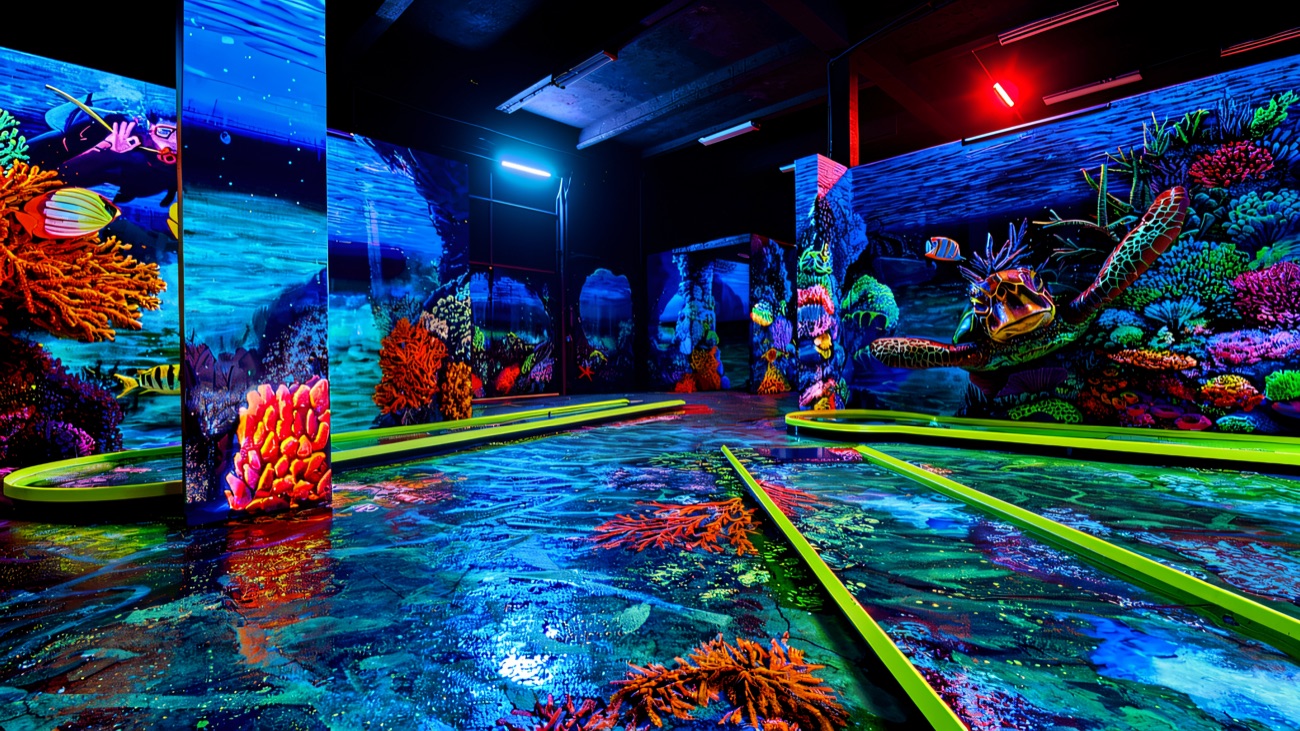 An underwater-themed course glows with coral reefs and tropical fish under UV light