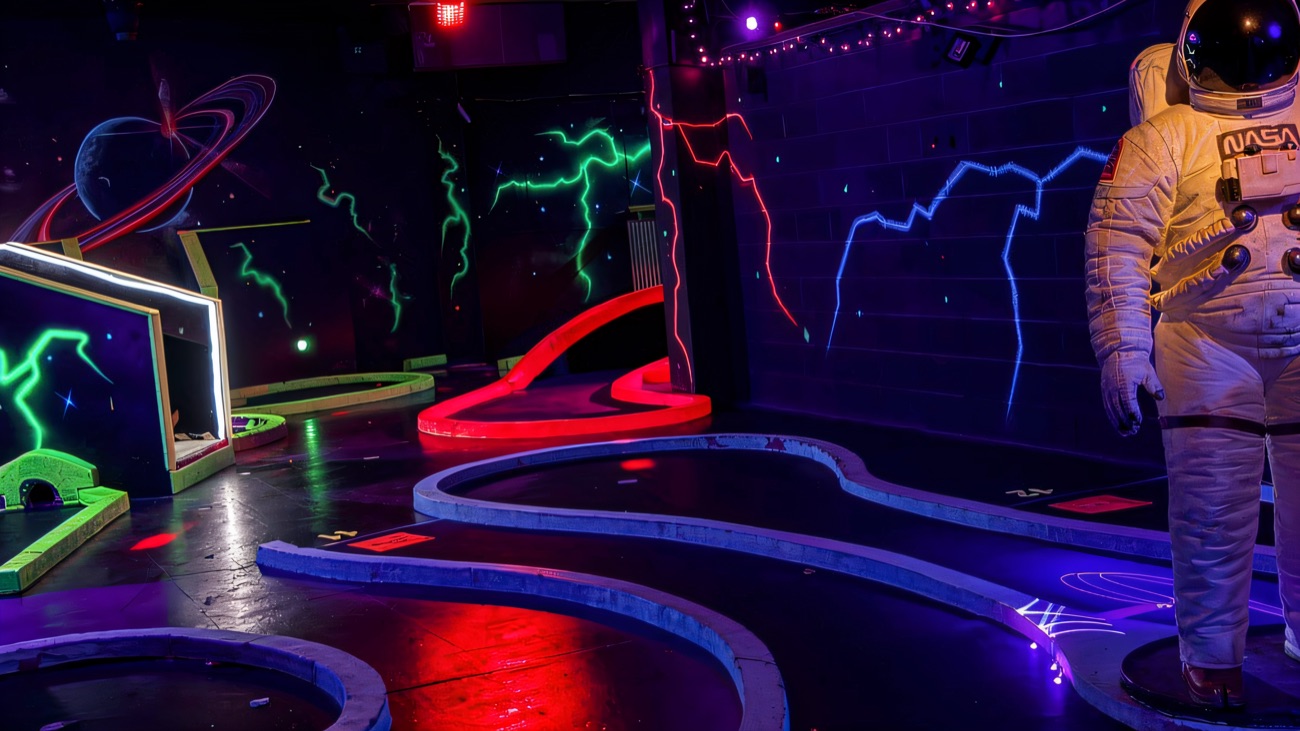 A NASA astronaut watches over the neon space course and its winding greens