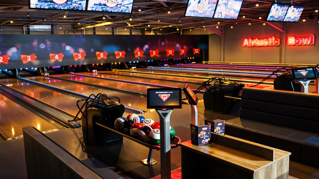 A wide view of the Airtastic Bowl lanes and score screens