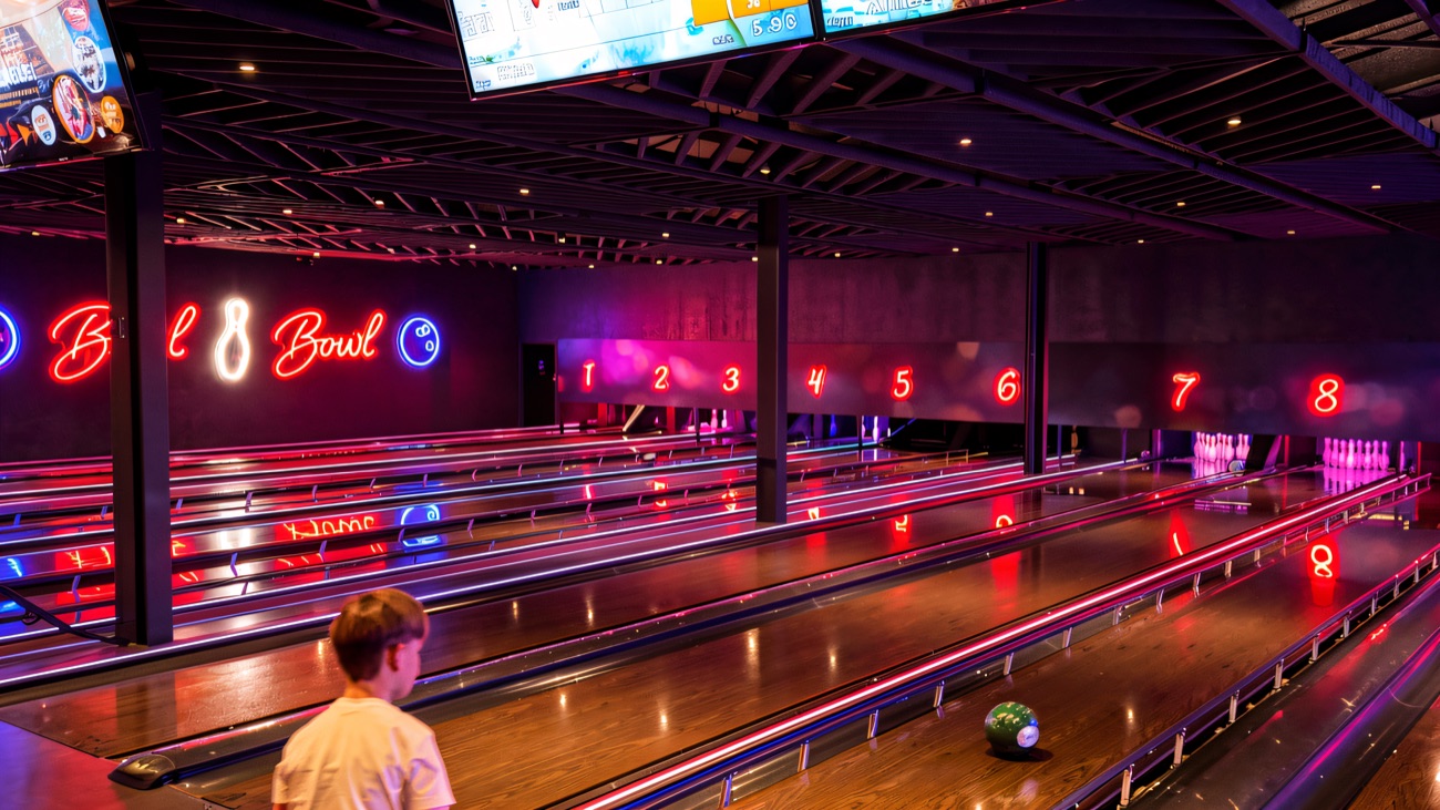 The numbered lanes lit up under the neon signs