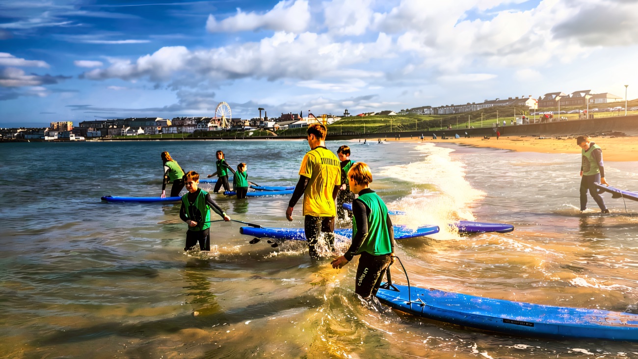Boards up and out into the West Strand shallows, Portrush skyline riding along behind