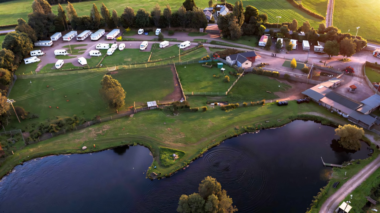 Aerial view of the fishing lakes, woodland and grounds