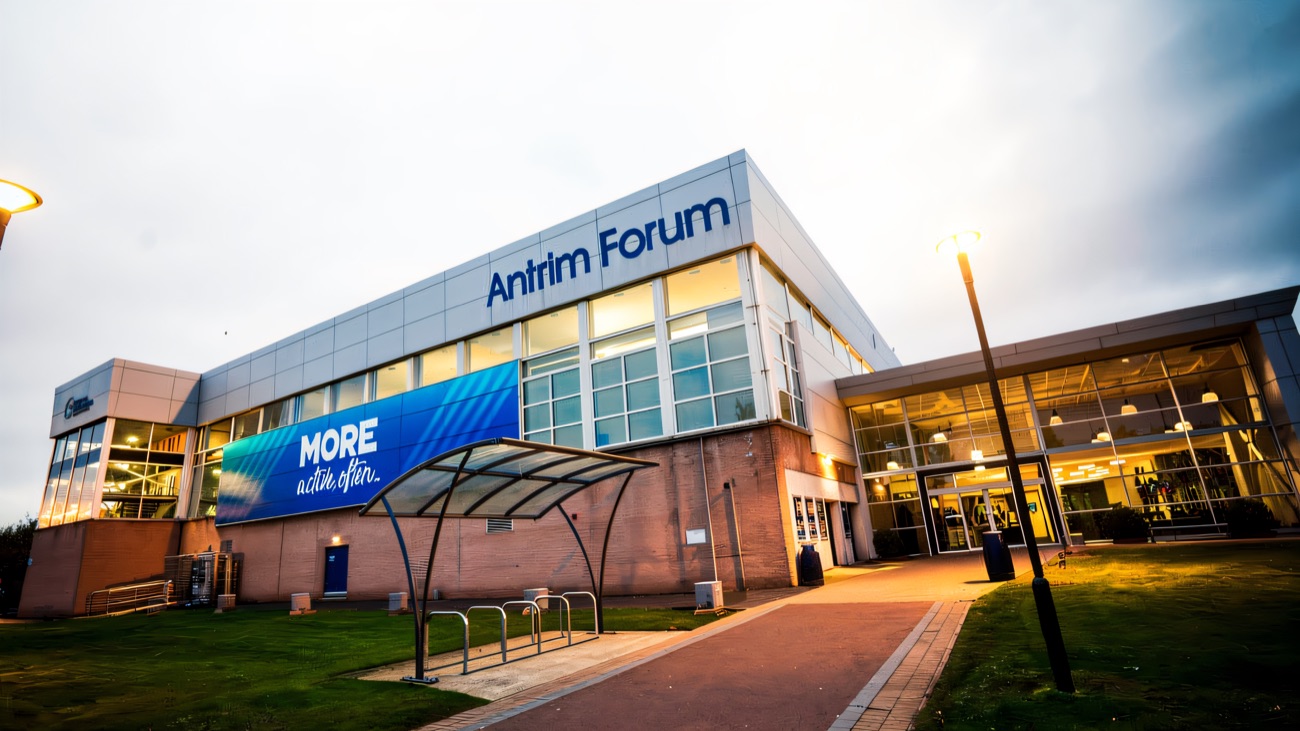 The Antrim Forum entrance and glass frontage seen from the front path