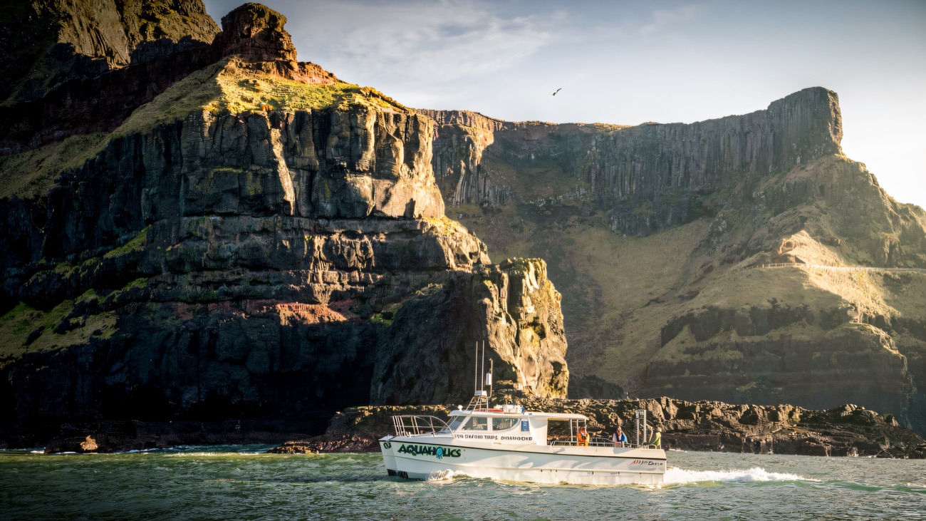 The Aquaholics boat running below the towering Causeway coast cliffs