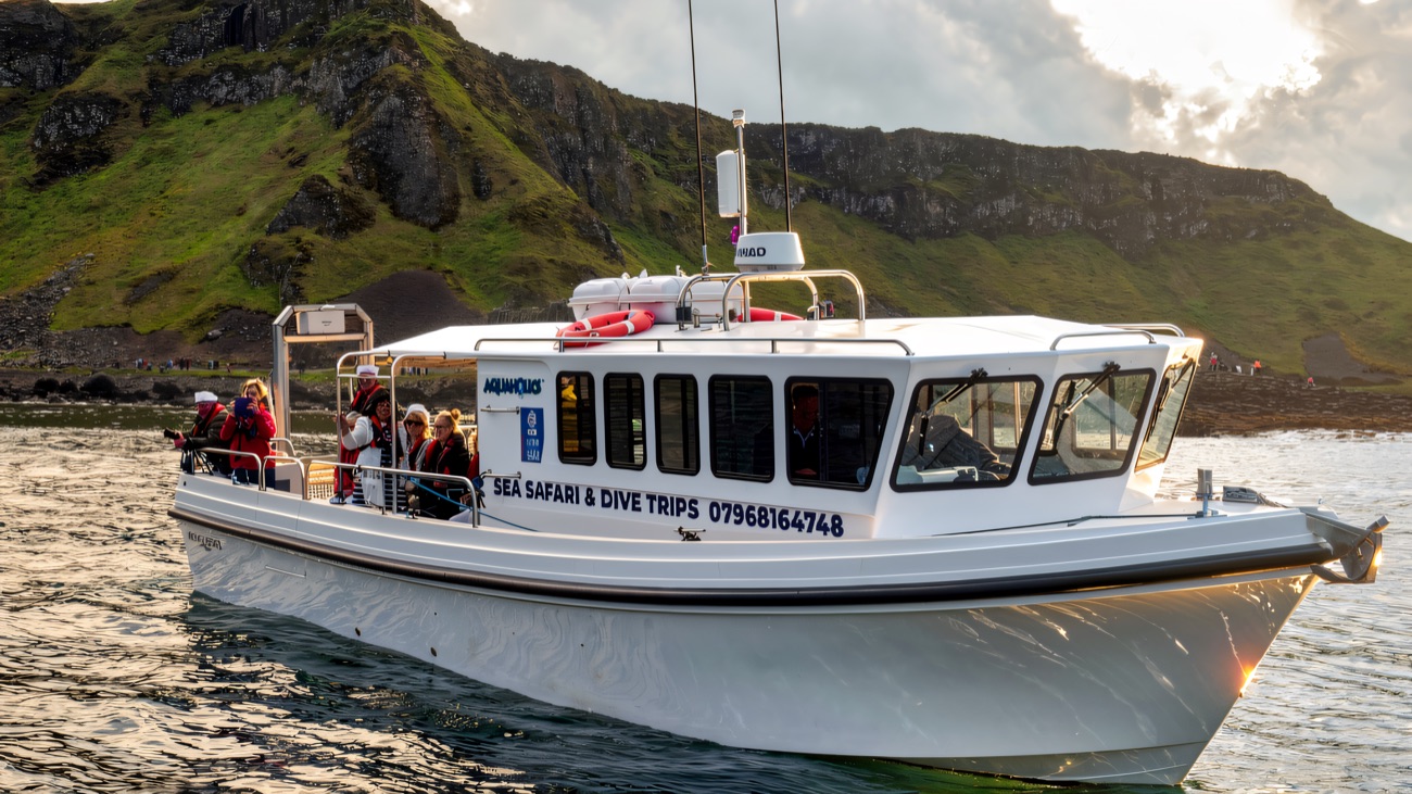Aboard the boat with the green headland rising behind you