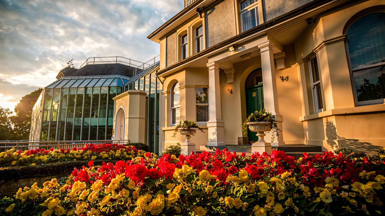 The theatre's front entrance framed by summer flower beds