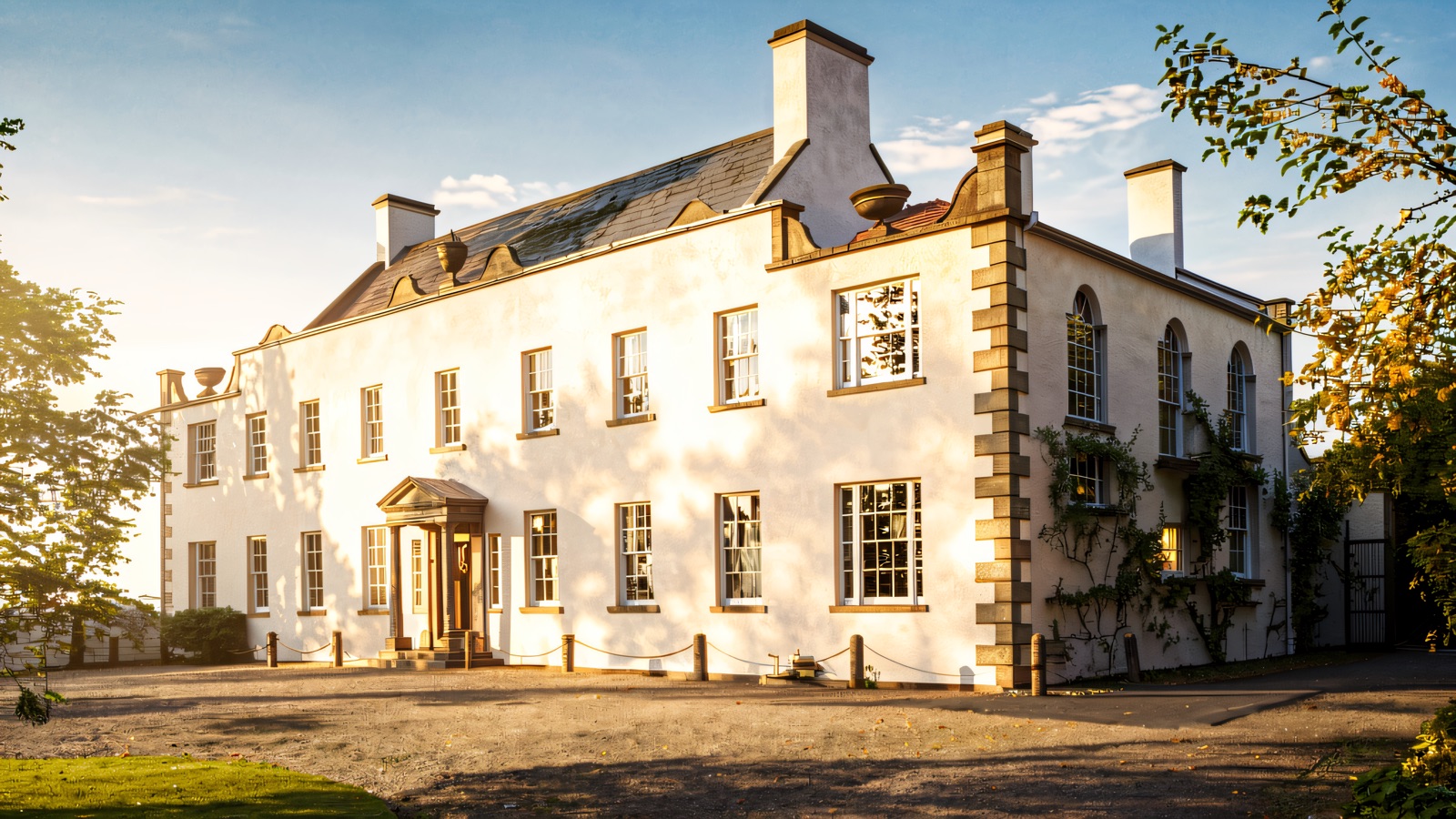The whitewashed Georgian front of Ardress House with tall chimneys and a gravel forecourt, lit by low golden sunlight