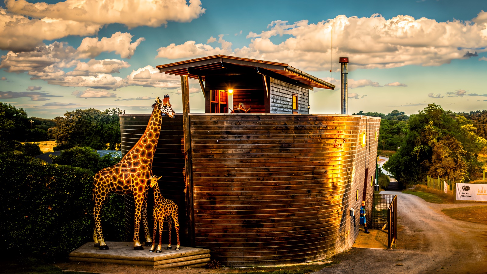 The Ark Open Farm's giant wooden Noah's-ark-shaped building with life-size giraffe models at the entrance under a blue sky