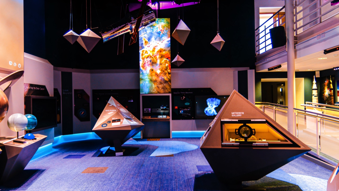 The hands-on space exhibition floor with the meteorite gallery, interactive pods and a glowing nebula display