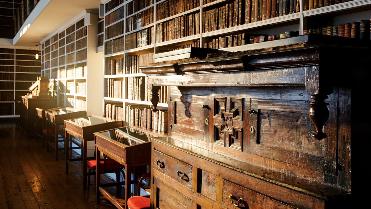 A carved oak cabinet and display cases line the aisle beneath the crowded book stacks.