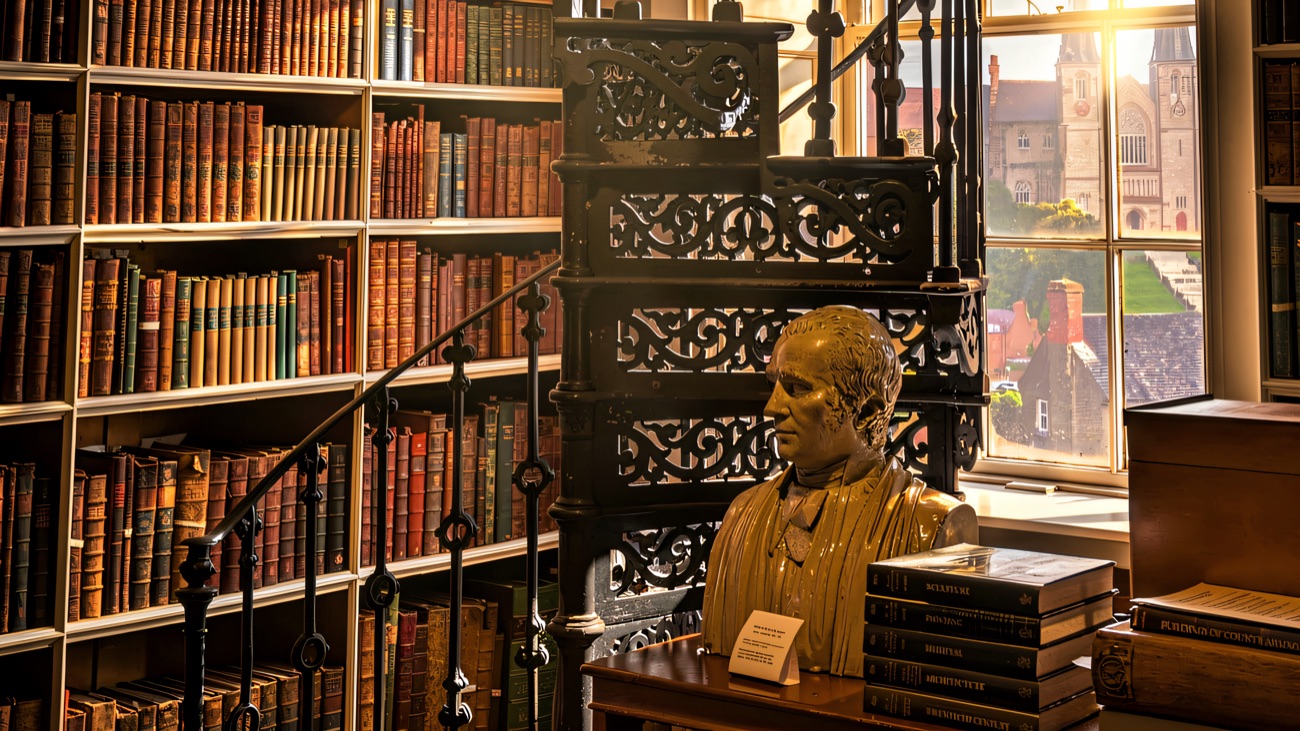 A quiet corner where a bust and the delicate spiral stair frame the window and the rooftops beyond.