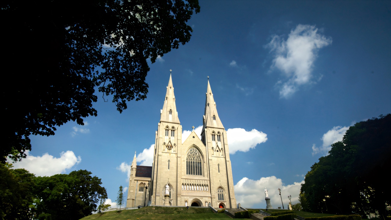 A three-quarter view from below the hill, the gothic front framed by summer trees and cloud.