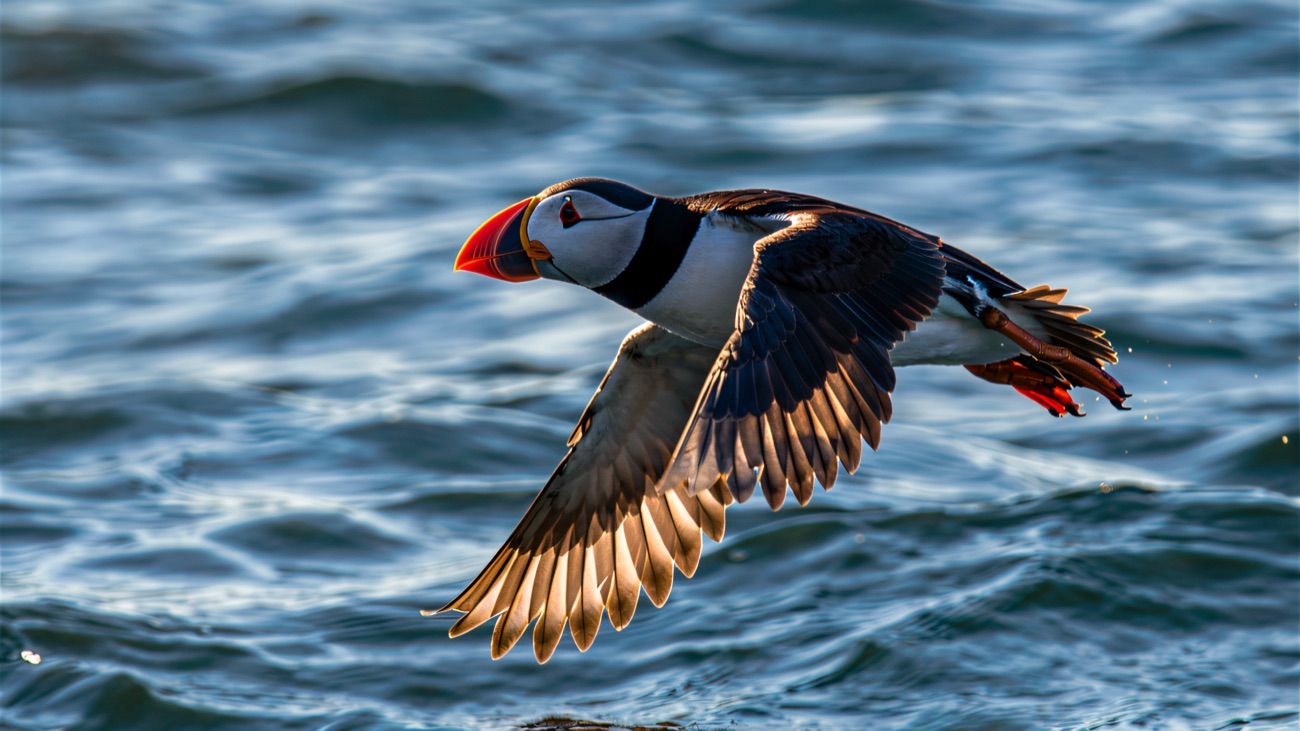 A puffin skims low over the waves; you may spot them along the cliffs in summer
