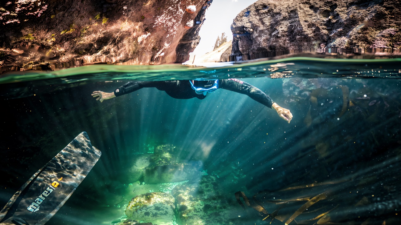 Half-under, half-above view of a snorkeller gliding through a clear rocky gully