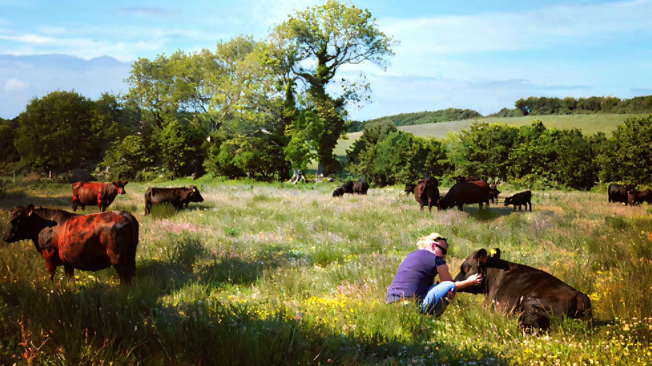 Black Dexter cattle grazing in a buttercup-filled coastal field with a farmer among them and the lough in the distance