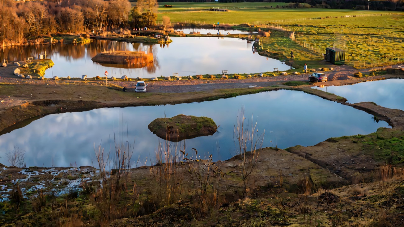 Looking down over the fishery ponds and the green hills beyond