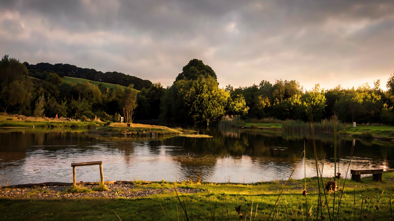 Wooden bench stands along the gravel bank of the lake