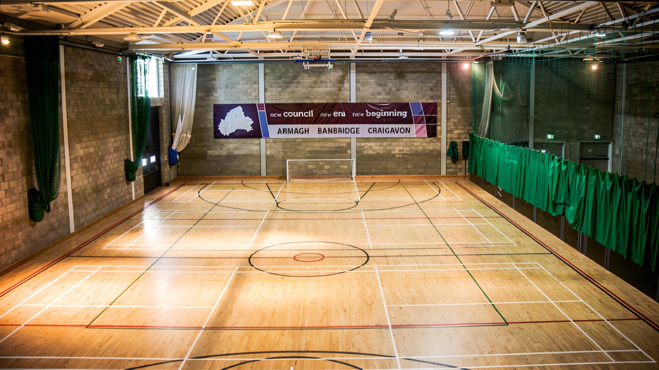 The main hall marked out for indoor sports