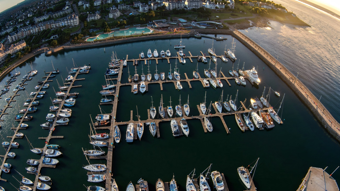 A closer aerial over the marina and its rows of pontoons