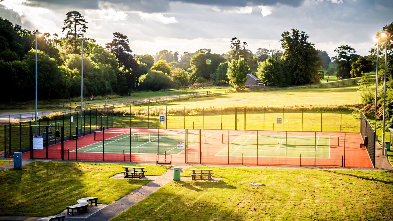 Outdoor tennis courts with the Fermanagh countryside behind