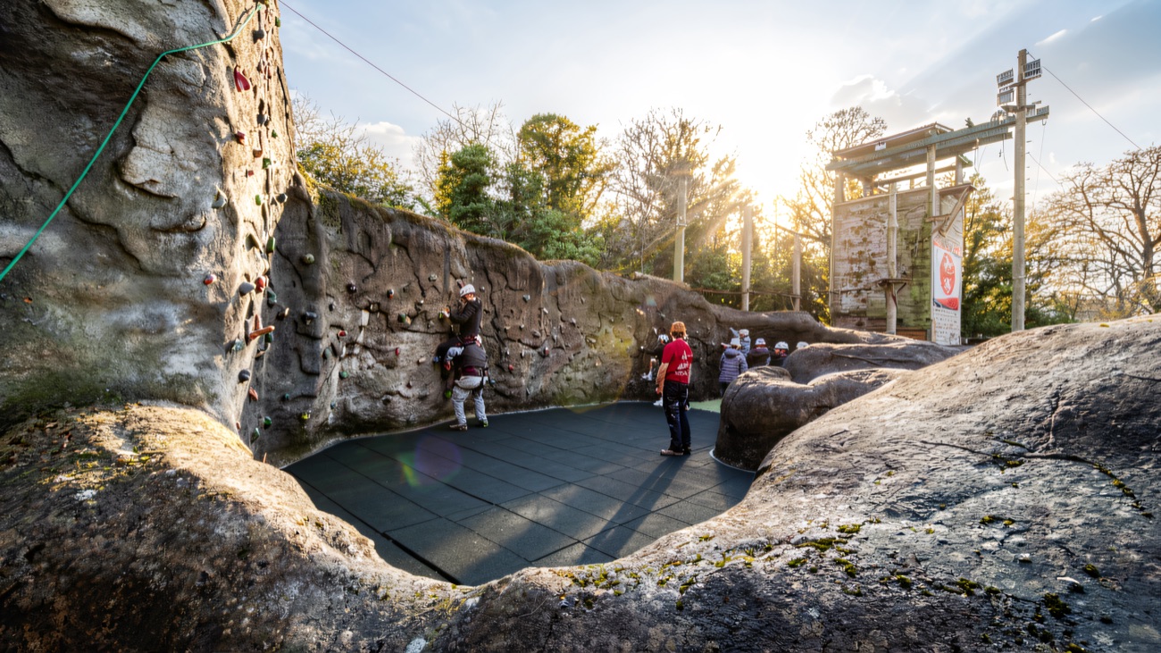 The outdoor climbing walls and high ropes tower seen from the ground