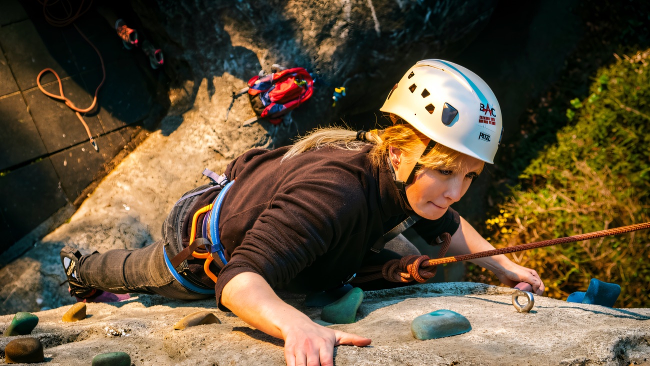 Reaching for the next hold on the outdoor climbing wall
