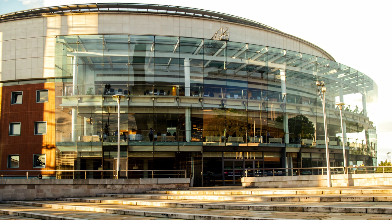 The sweeping curved glass frontage