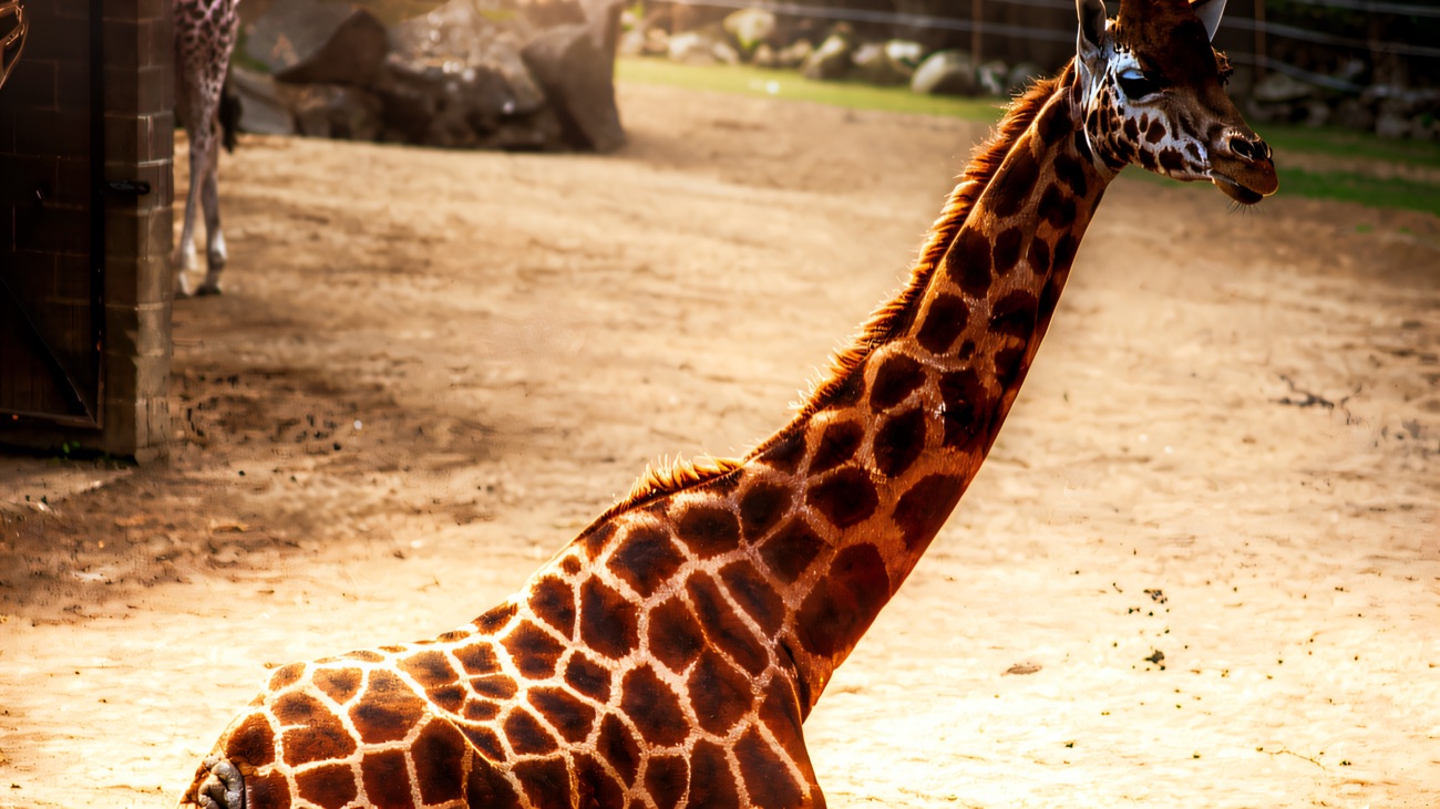 A giraffe in its sandy paddock at Belfast Zoo