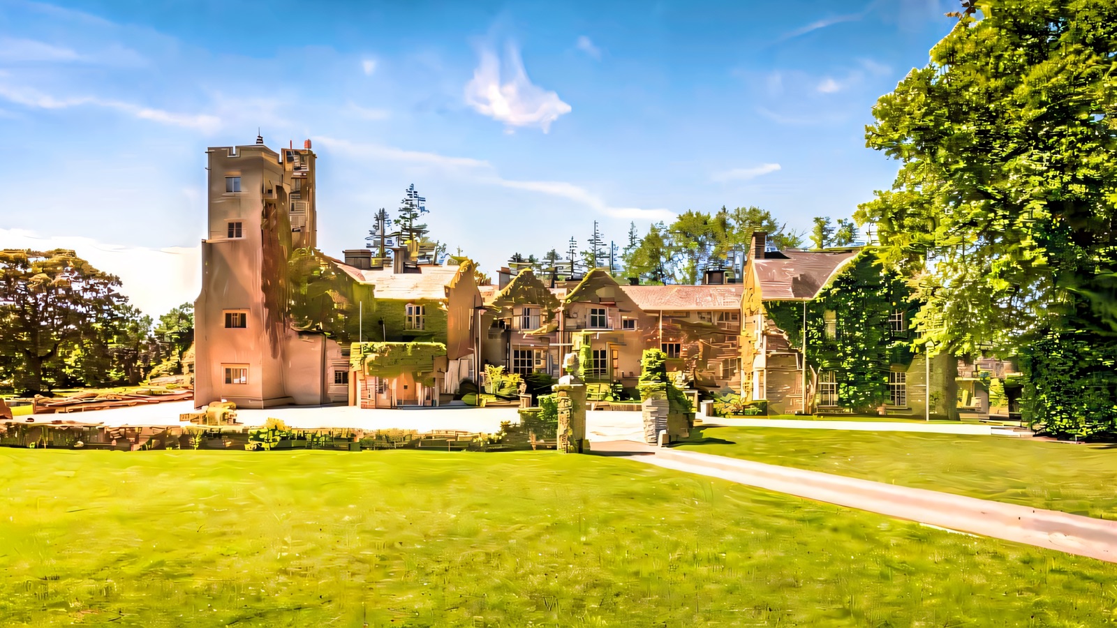 Belle Isle Castle, a stone house with a tall tower, above green lawns and mature trees