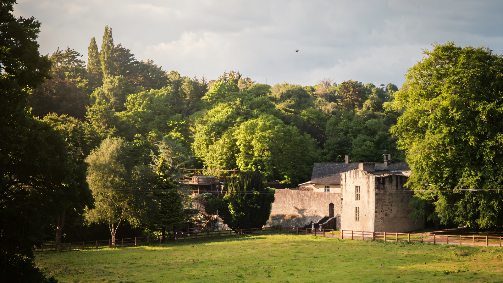 Benburb Castle's grey bawn walls and tower on the wooded valley slope above the River Blackwater, with a green field in front