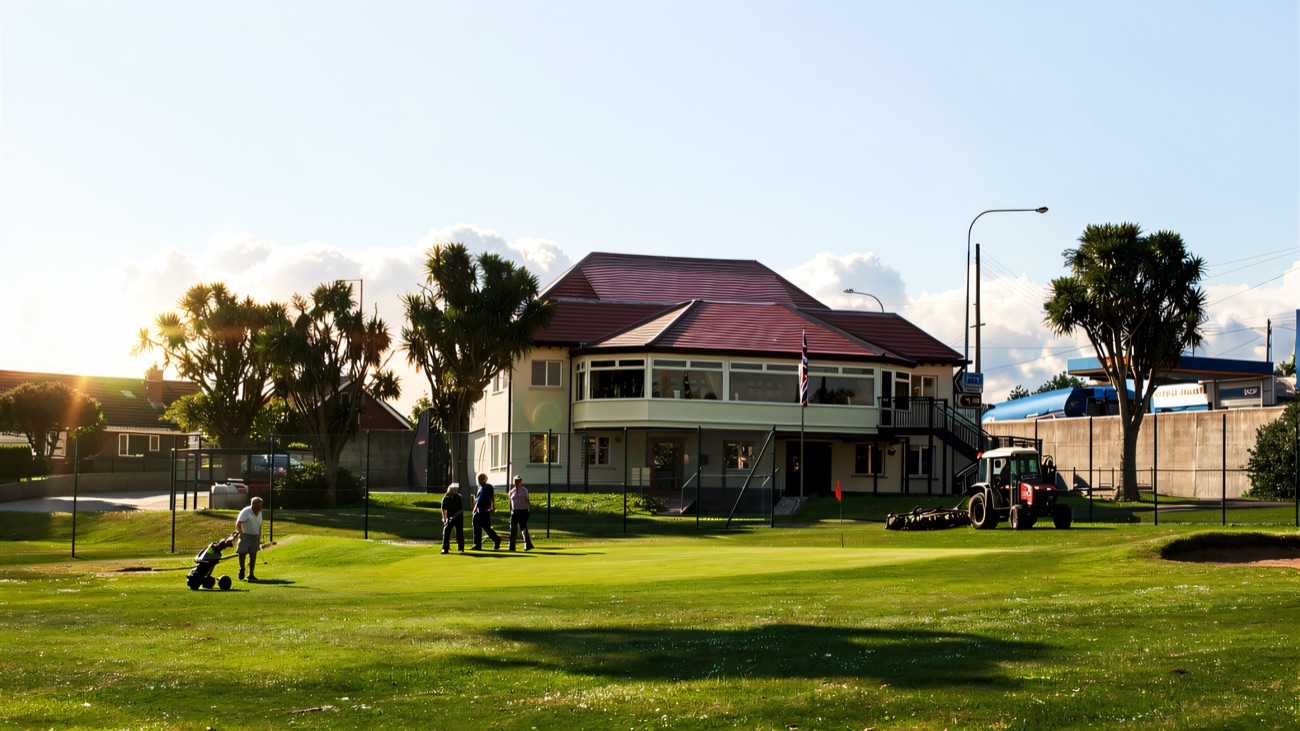 Players cross the green in front of the clubhouse on a bright day