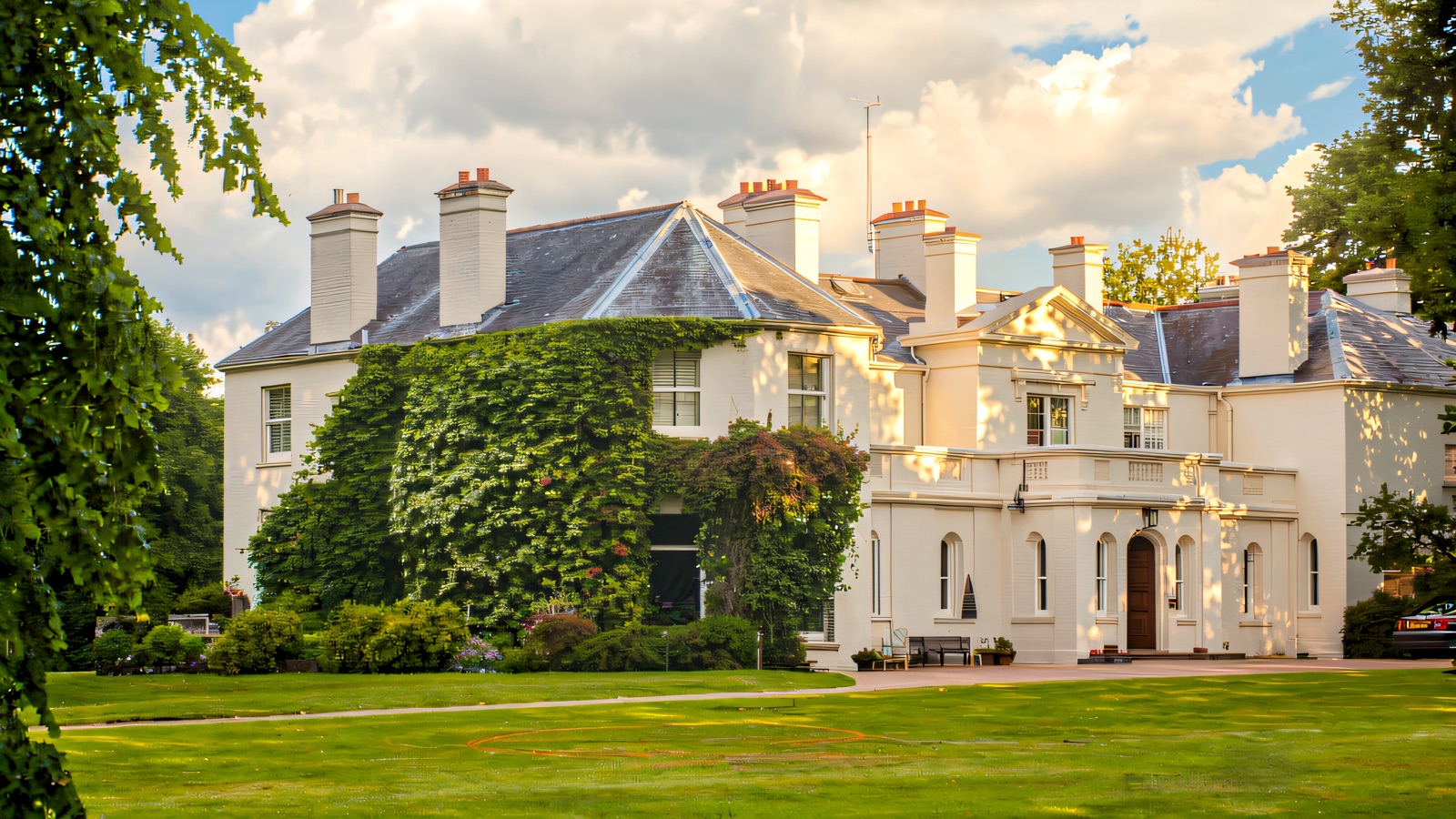 The white period house at Benvarden behind sweeping lawns