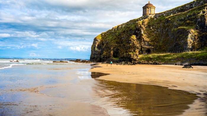 Downhill beach with Mussenden Temple perched on the cliff above
