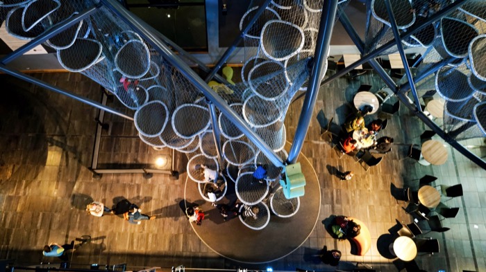 Looking down through the Climbit climbing sculpture inside W5