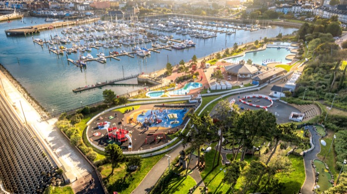 Aerial view of Pickie Funpark's lagoon and playpark beside Bangor Marina