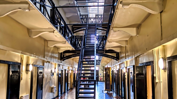 The three tiers of iron landings in C-wing at Crumlin Road Gaol