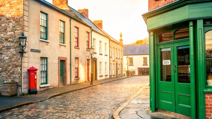 The cobbled old-town street rebuilt at the Ulster Folk Museum at Cultra