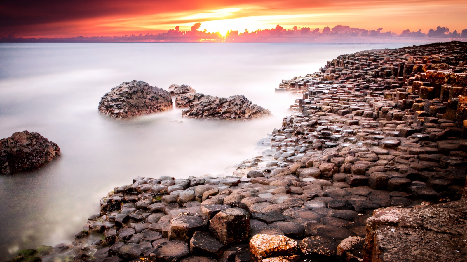 The Giant's Causeway stones at sunset