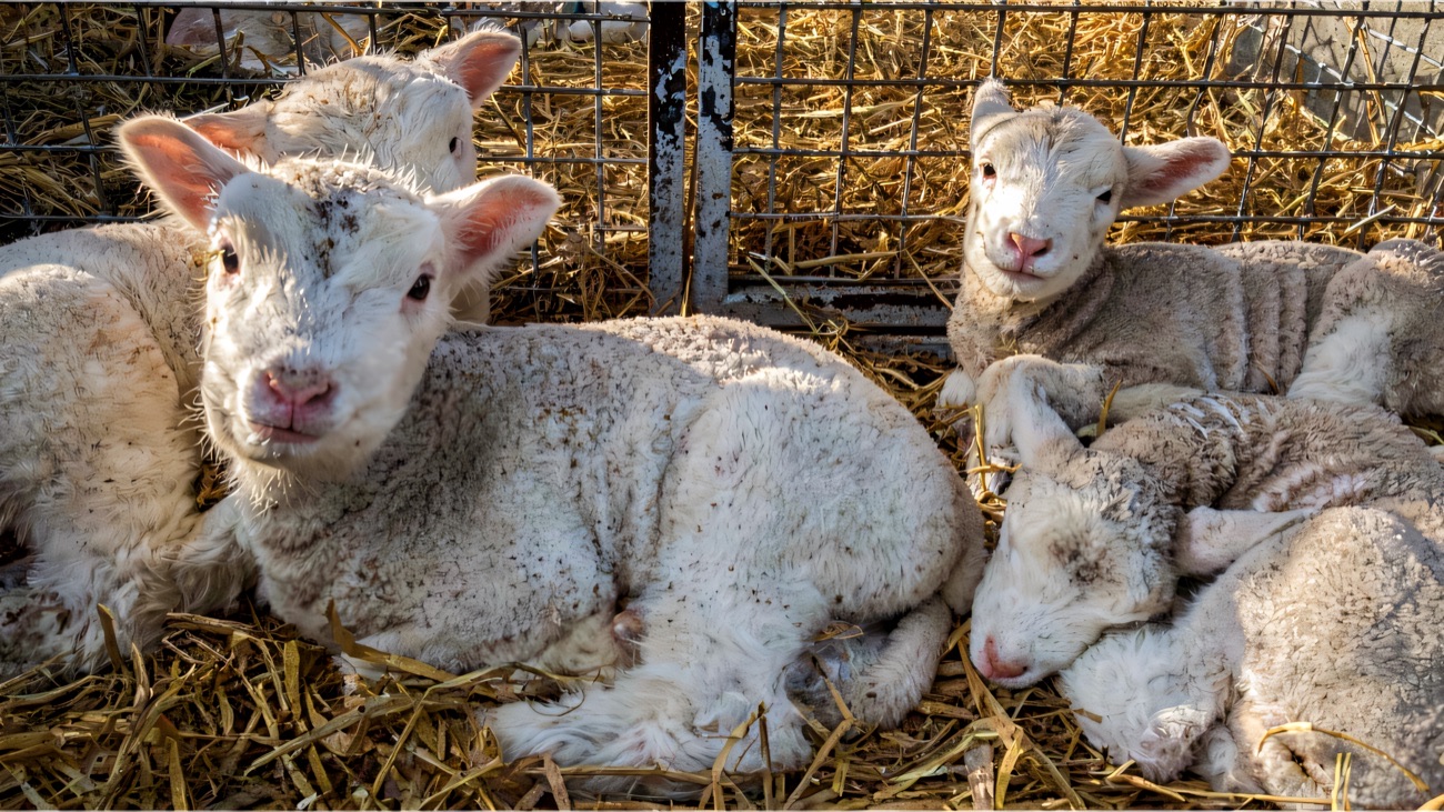 Lambs resting in the straw at The Ark Open Farm, Newtownards