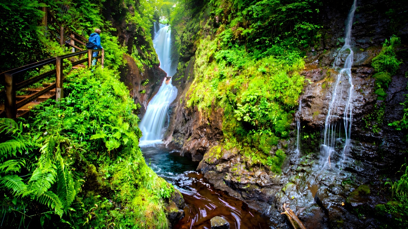 Waterfall and boardwalk in the Glenariff gorge