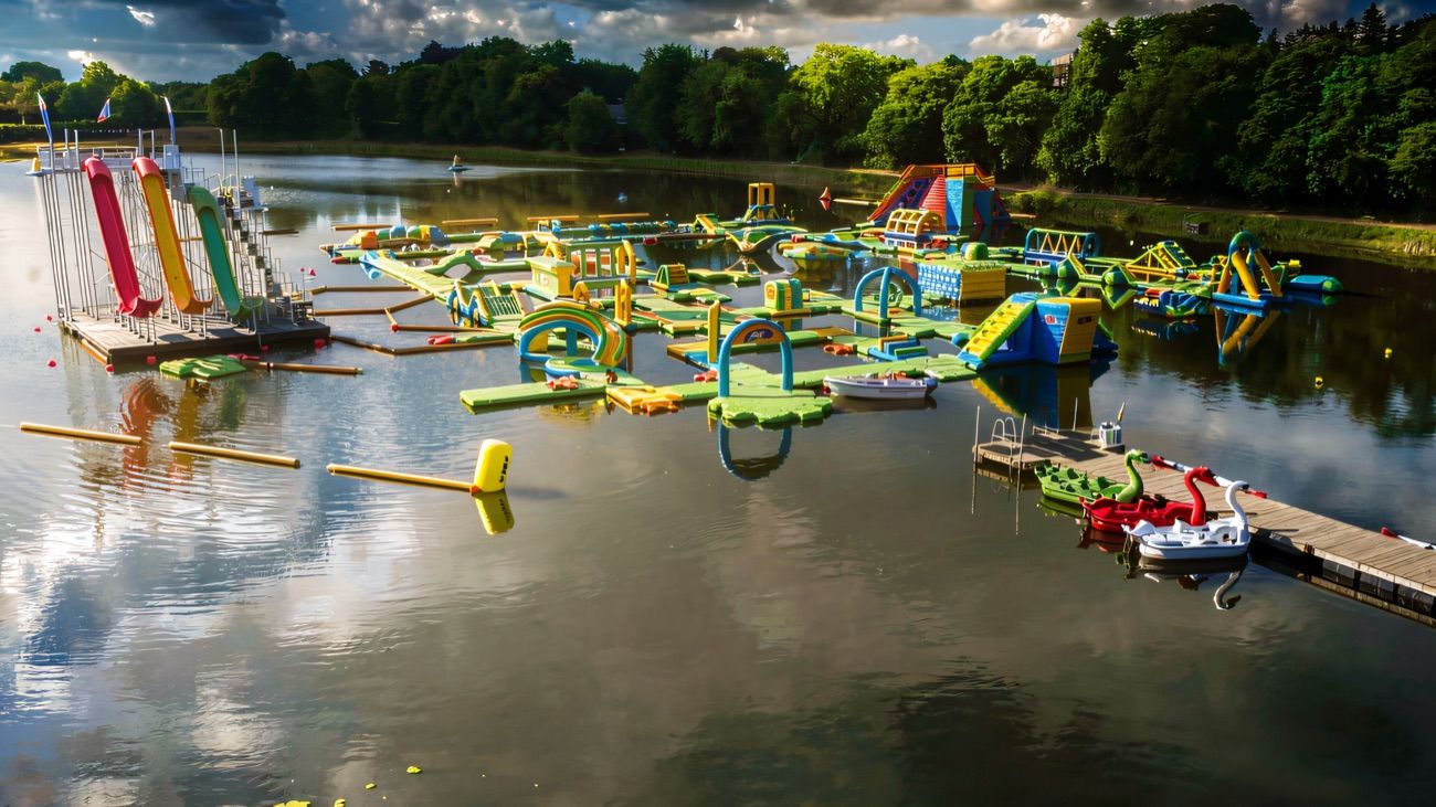 The colourful floating aqua park course spread across the lake at Kilrea with slides and swan pedalos