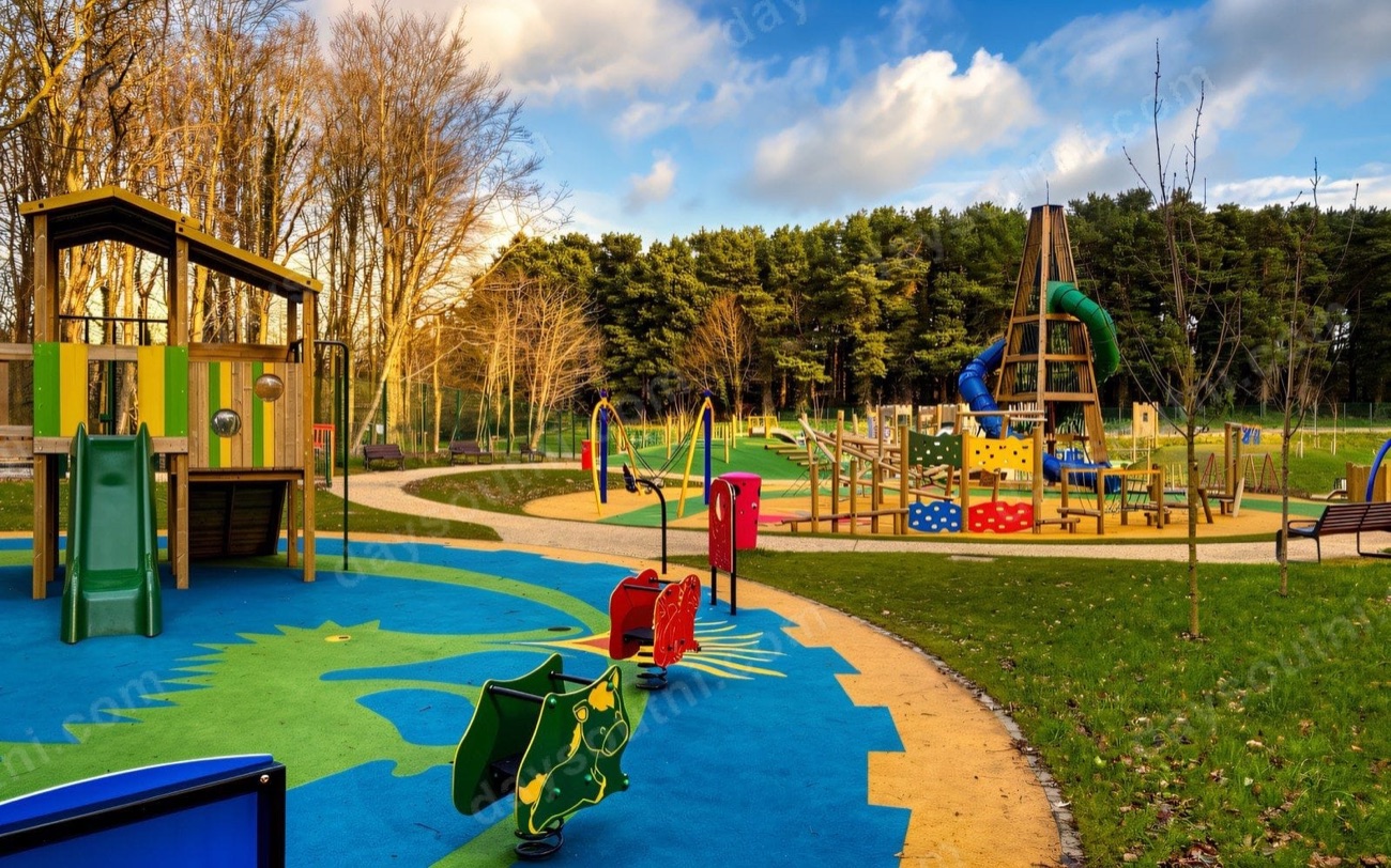 Colourful climbing frames and towers on bright blue safety surfacing at Mo Mowlam Play Park with tall trees behind