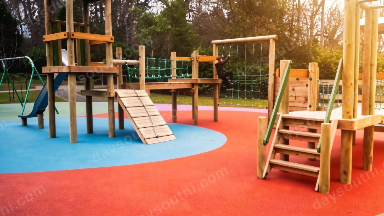Wooden climbing towers and a ramp on red and blue surfacing at the Sir Thomas and Lady Dixon Park playground
