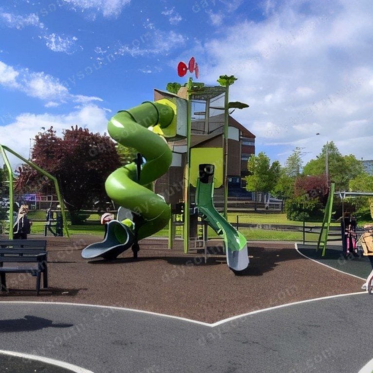 The green corkscrew slide tower at Ward Park playground in Bangor against a blue sky